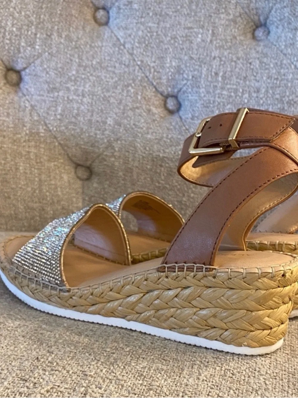 Alex Marie Rhinestone Espadrille Wedge Sandals Tan 6.5M